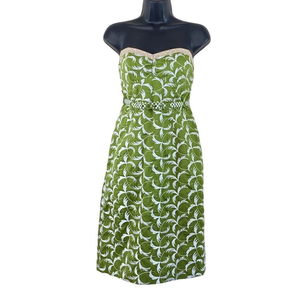 Nanette Lepore Embroidered Green Strapless Belted Midi Sheath Dress Sz S